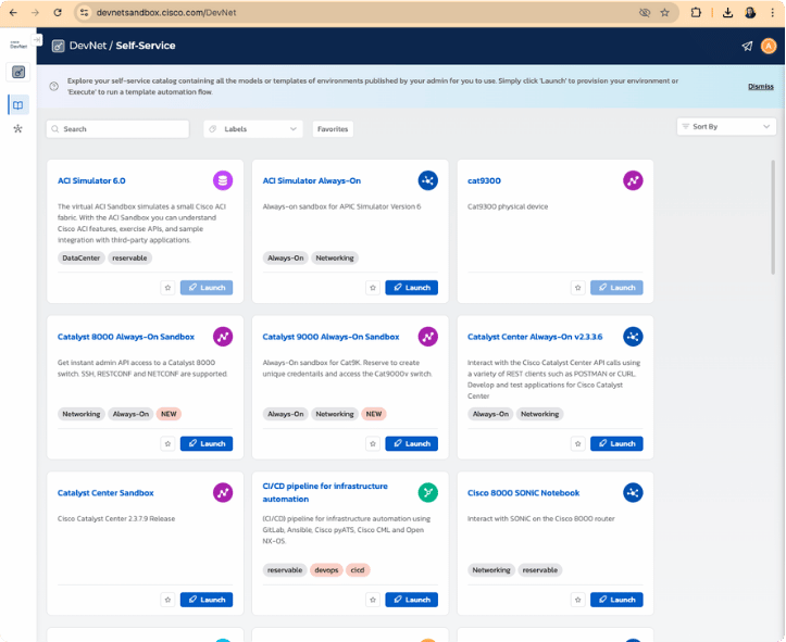 DevNet Sandbox Catalog Page